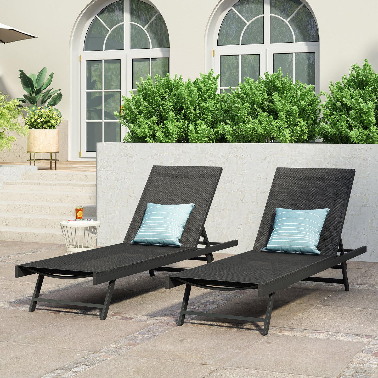 Simon Outdoor Aluminum Chaise Lounge with Mesh Seating (Set of 2)
