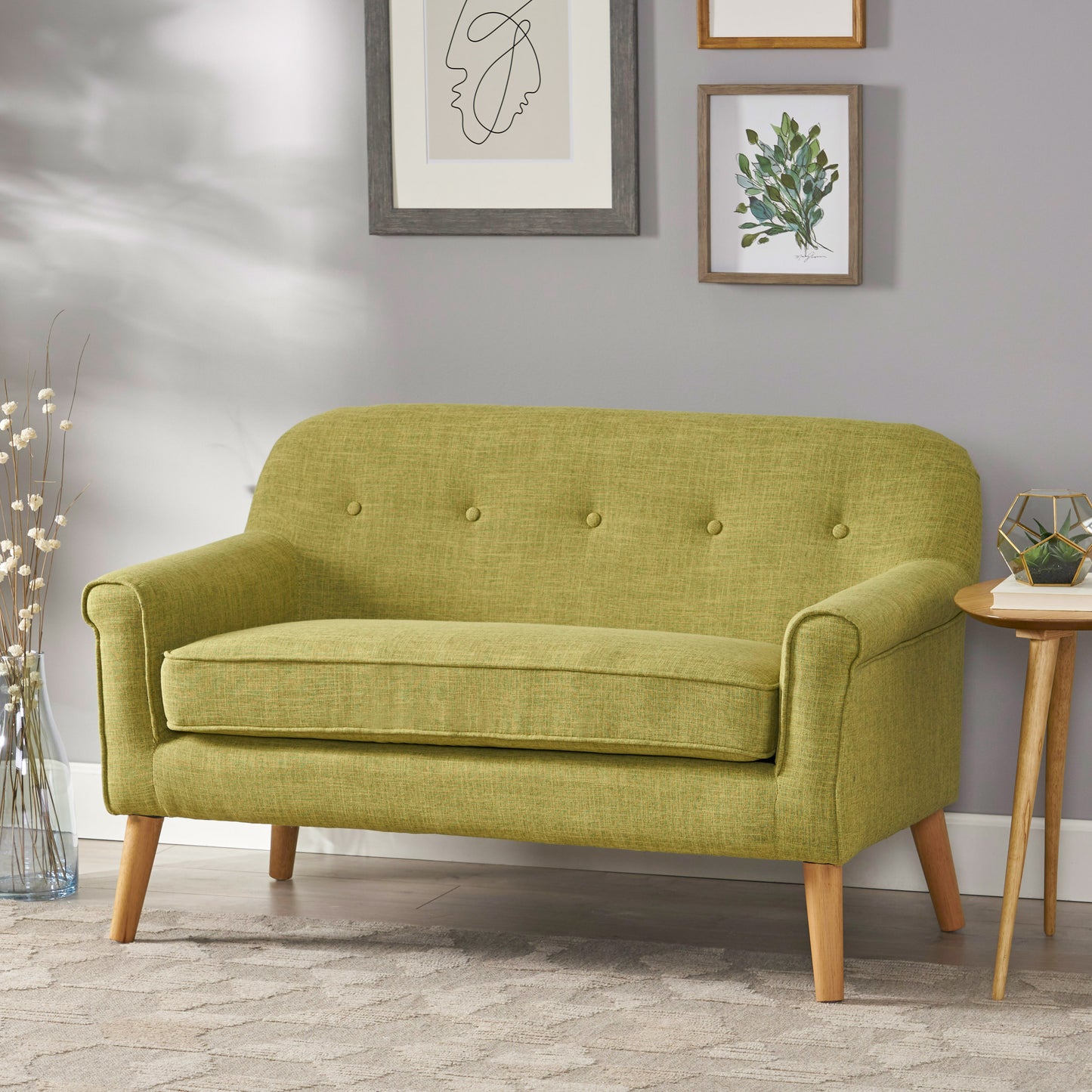 Mia Mid-Century Modern Button Tufted Fabric Upholstered Loveseat w/ Tapered Legs