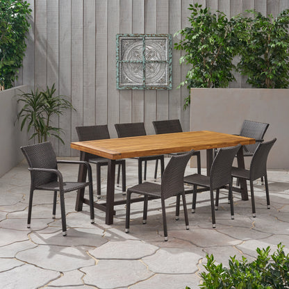 Deacon Outdoor Wood and Wicker 8 Seater Dining Set