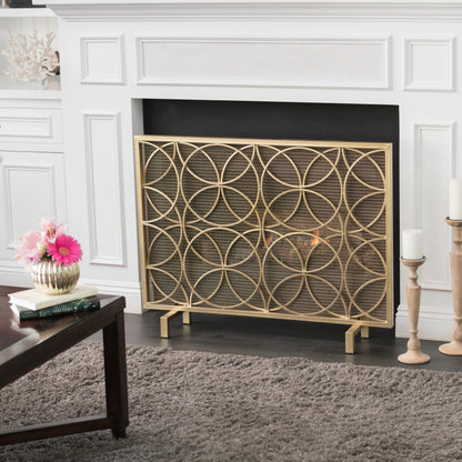 Veritas Modern Glam Single Panel Iron Fireplace Screen with Circle Pattern