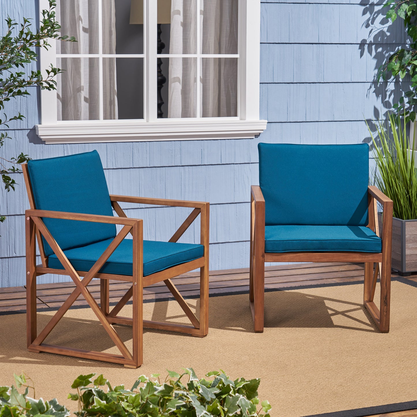 Hazel Outdoor Acacia Wood Club Chairs with Cushions