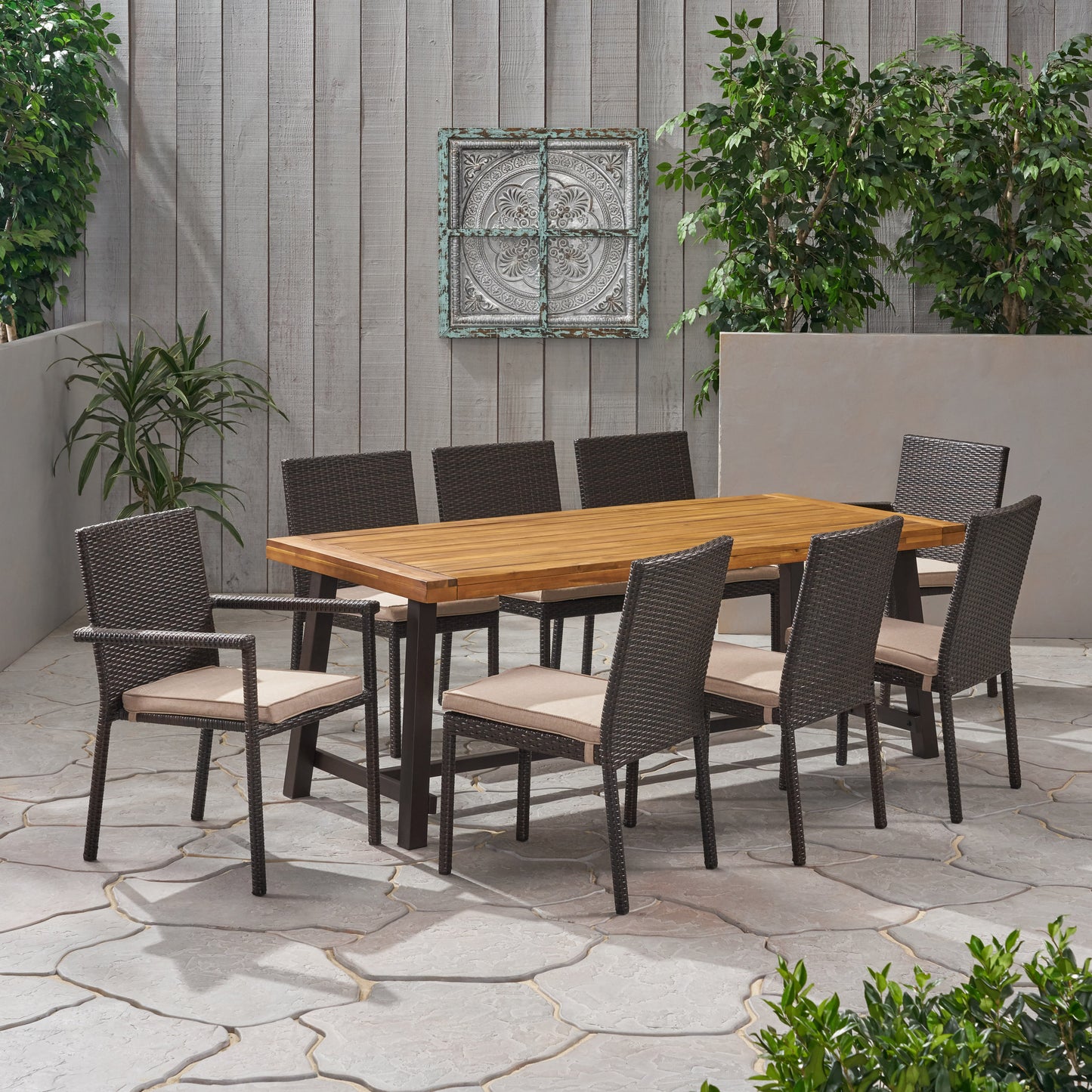 Princess Outdoor Wood and Wicker 8 Seater Dining Set