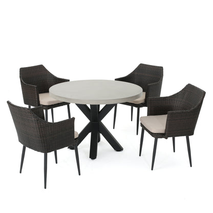 Nelson Outdoor Transitional 5 Piece Wicker Dining Set with Lightweight Concrete Table