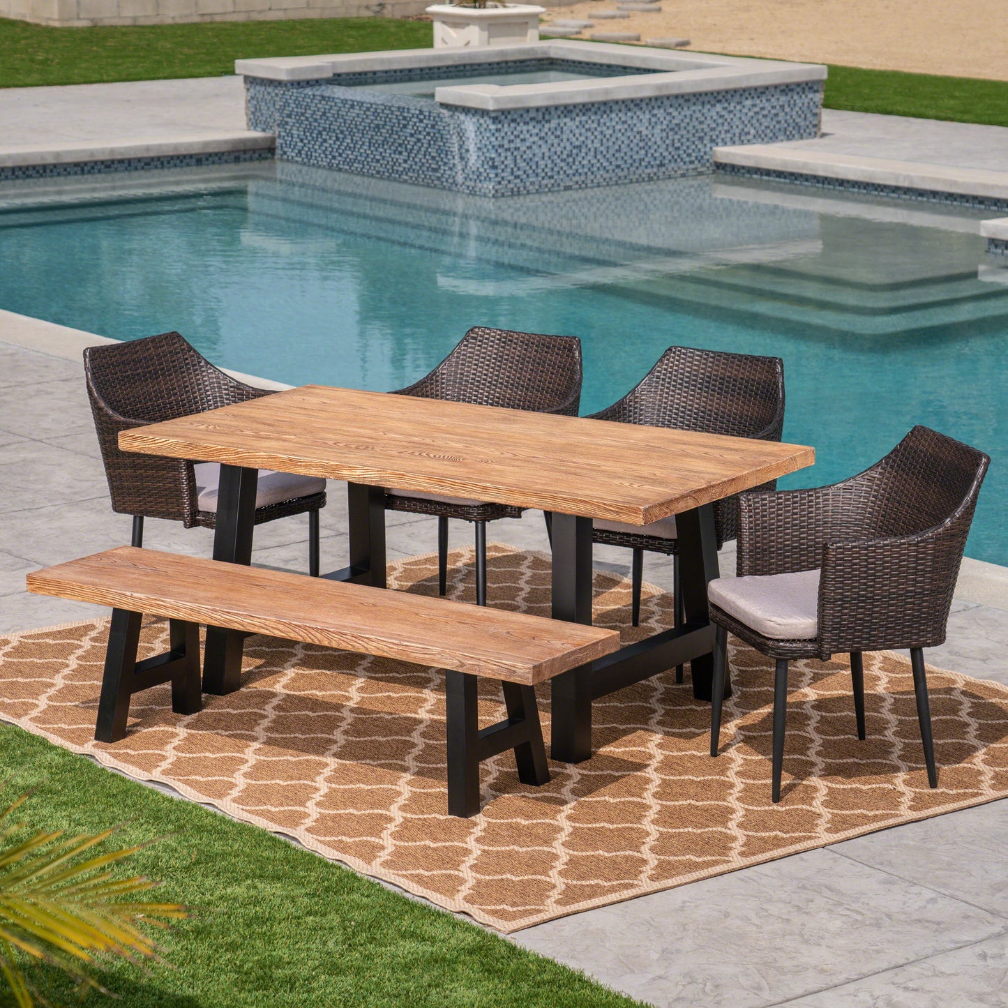 Blanche Outdoor 6 Piece Multibrown Wicker Dining Set with Natural Oak Finish Light Weight Concrete Table and Bench and Textured Beige Water Resistant Cushions
