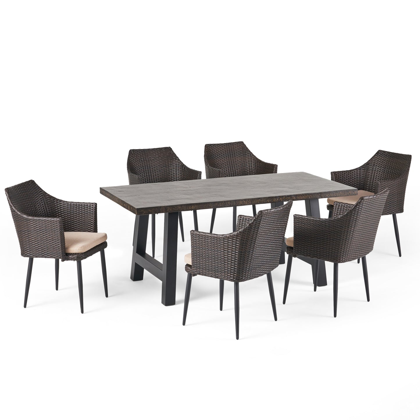 Noah Outdoor 7 Piece Wicker Dining Set with Light Weight Concrete Dining Table