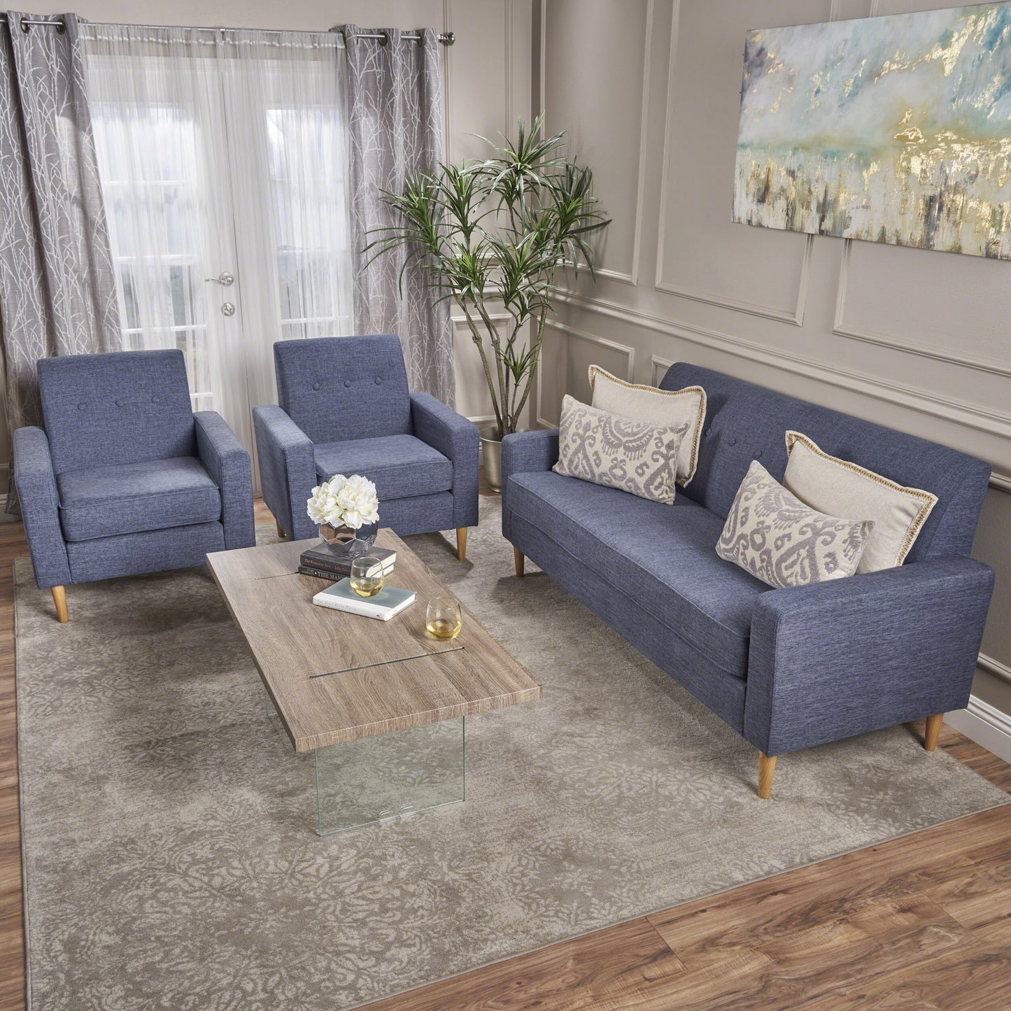 Stratford Mid-Century Modern 3-Piece Fabric Chairs & Sofa Living Room Set
