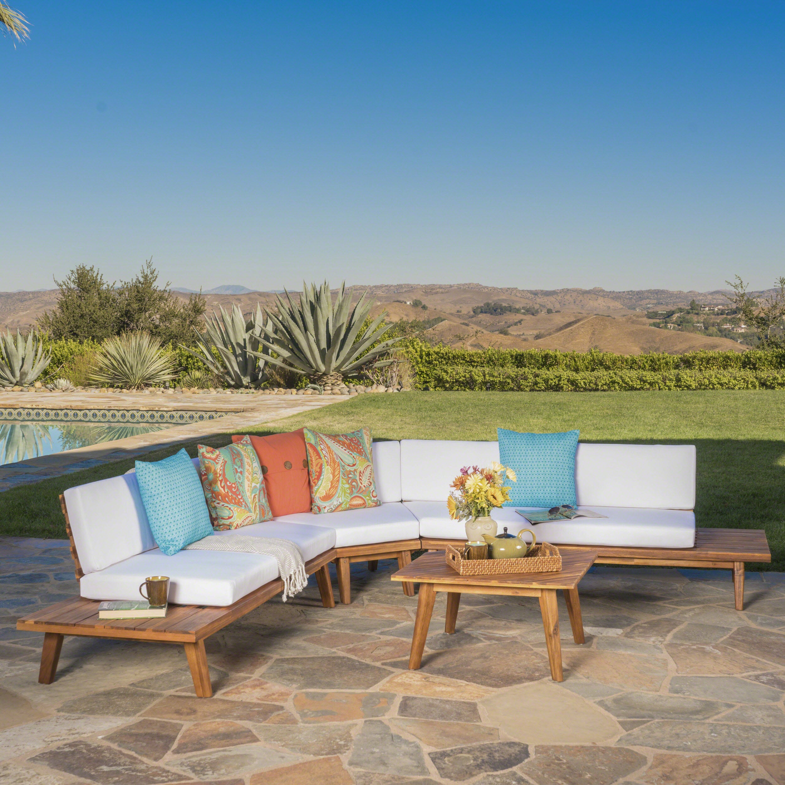 Hillside Mid Century Modern Outdoor Wood Platform Sectional With Built In End Tables Coffee Table