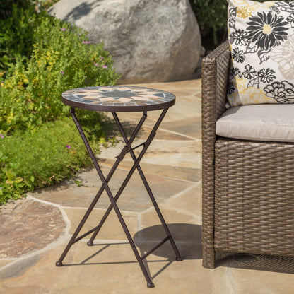 Sandor Outdoor Beige and Black Stone Side Table with Iron Frame