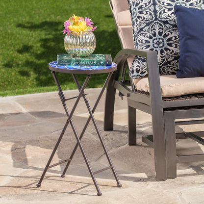 Arwen Outdoor Blue and White Glass Side Table with Iron Frame