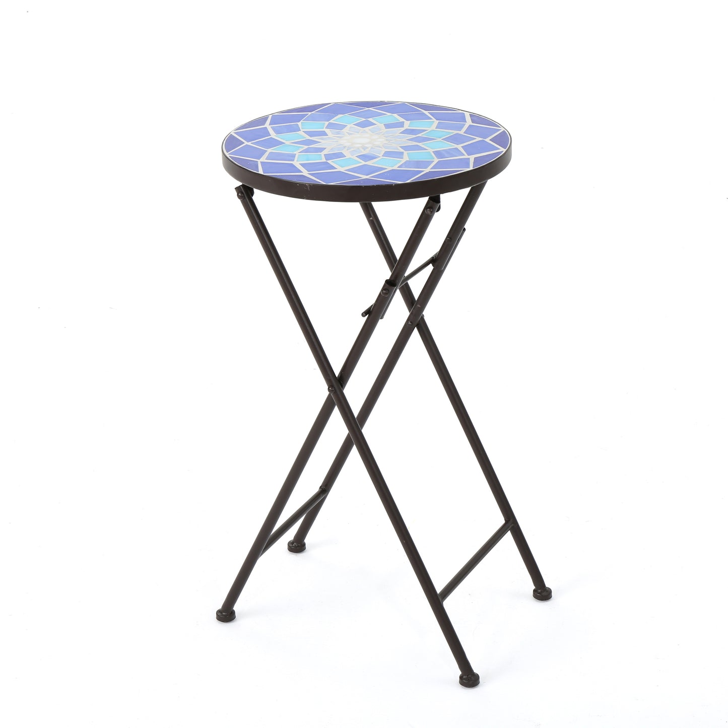 Arwen Outdoor Blue and White Glass Side Table with Iron Frame