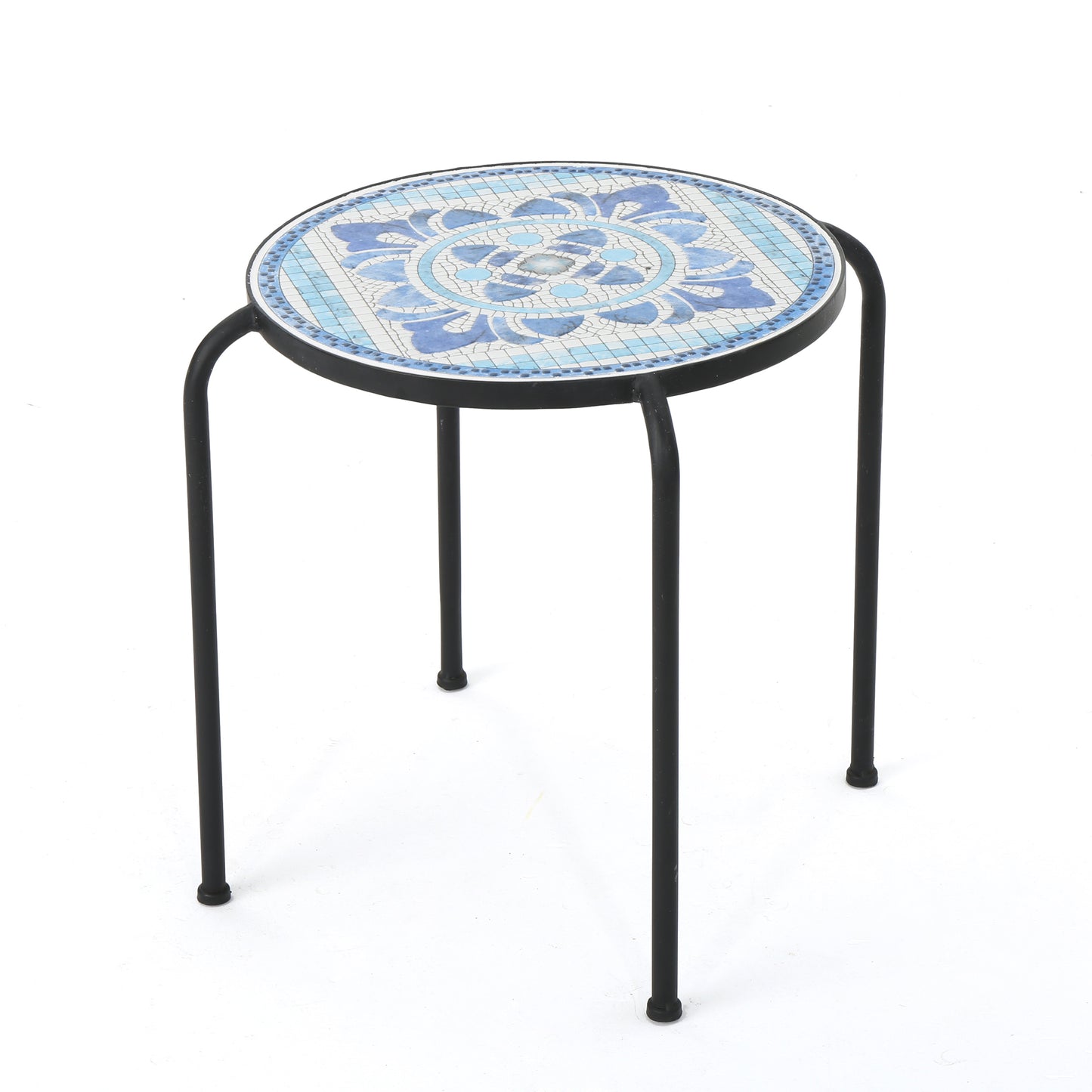 Sindarin Outdoor Blue & White Ceramic Tile Iron Frame Side Table
