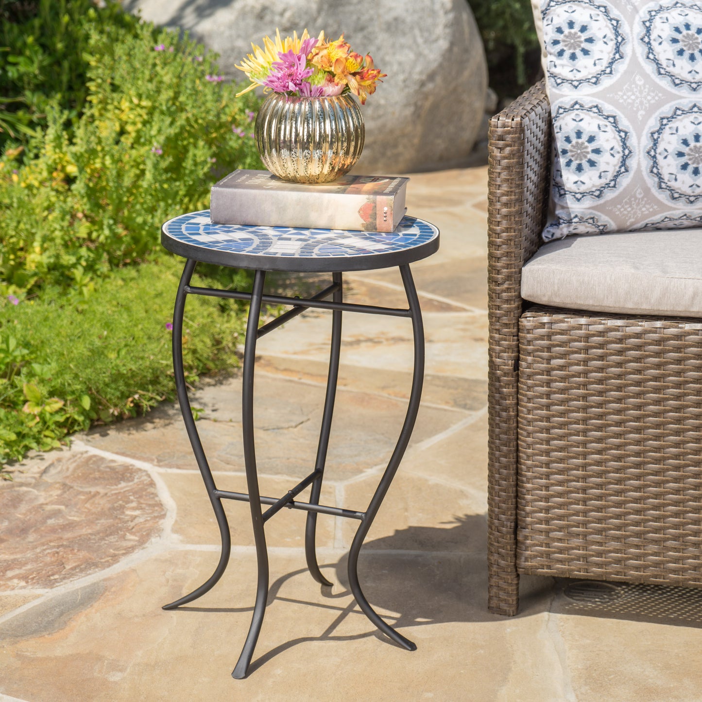 Harington Outdoor Blue & White Ceramic Tile Iron Frame Side Table