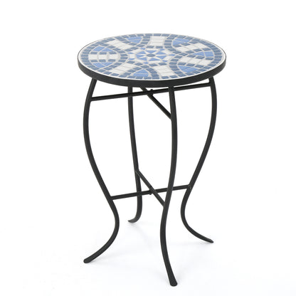 Harington Outdoor Blue & White Ceramic Tile Iron Frame Side Table
