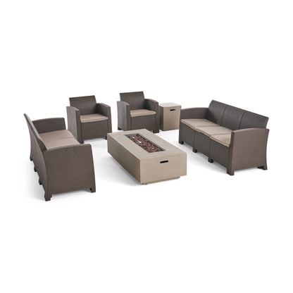 Morena Outdoor 8-Seater Wicker Print Chat Set with Fire Pit and Tank Holder