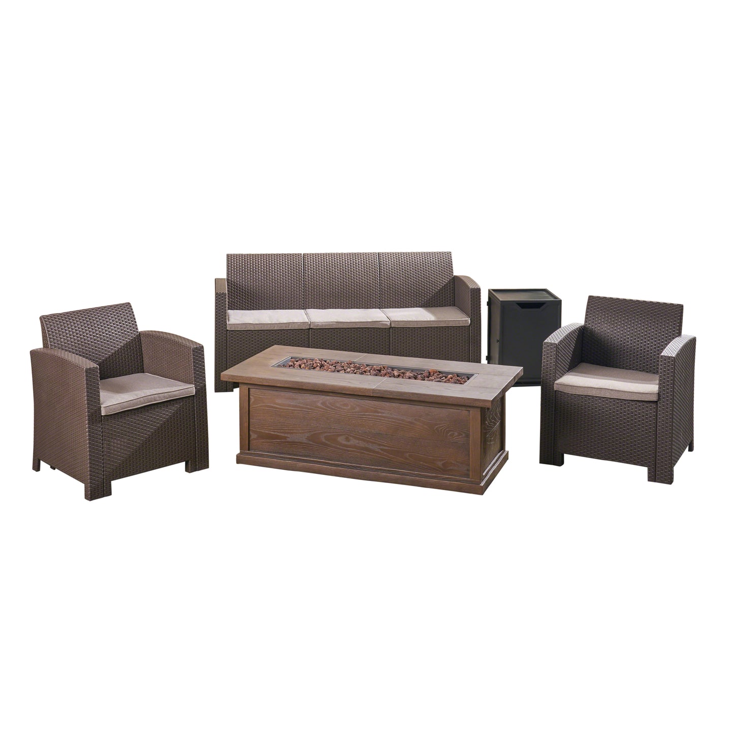 Ian Outdoor 5-Seater Wicker Print Chat Set with Fire Pit and Tank Holder