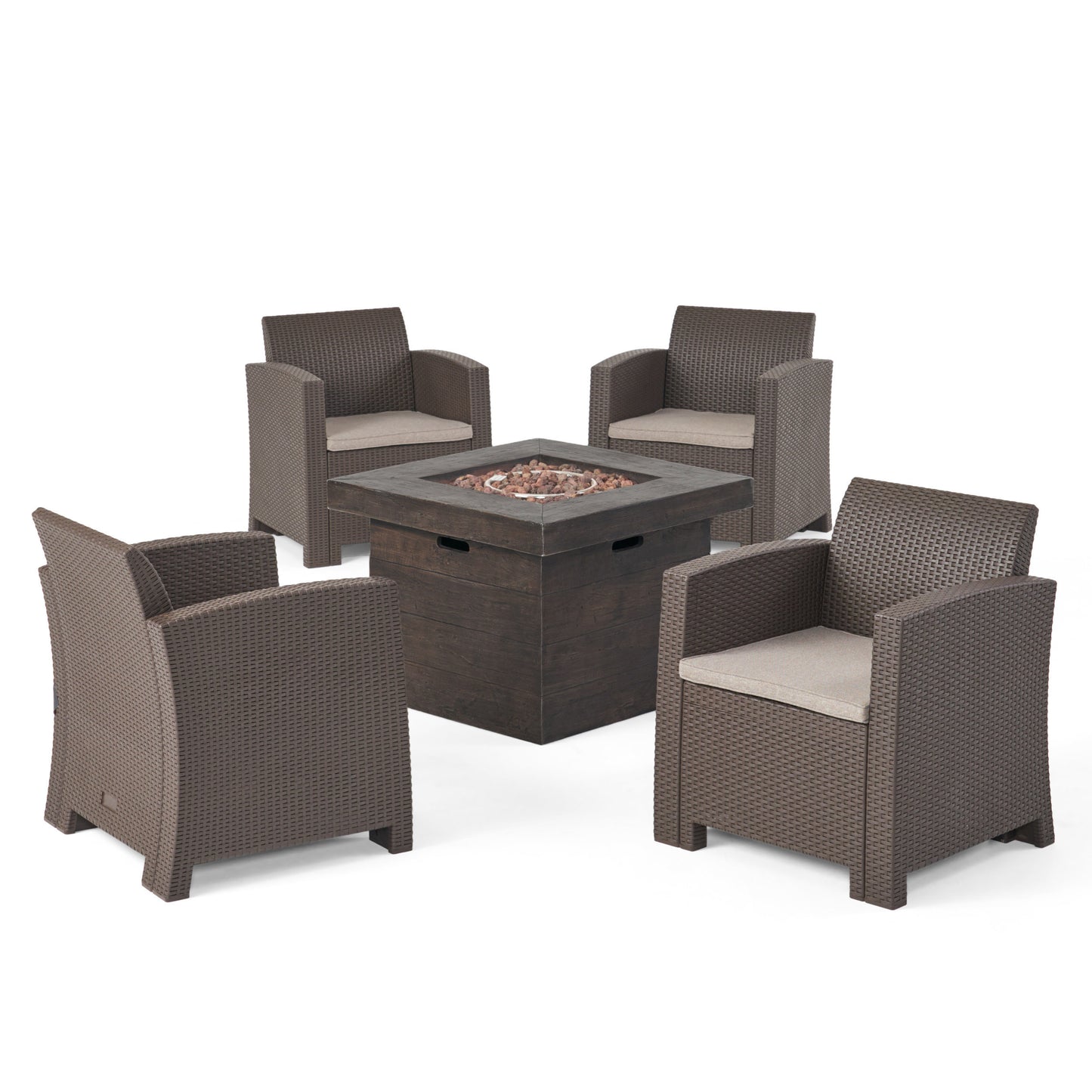 Ollie Outdoor 4-Seater Wicker Print Club Chat Chair Set with Fire Pit