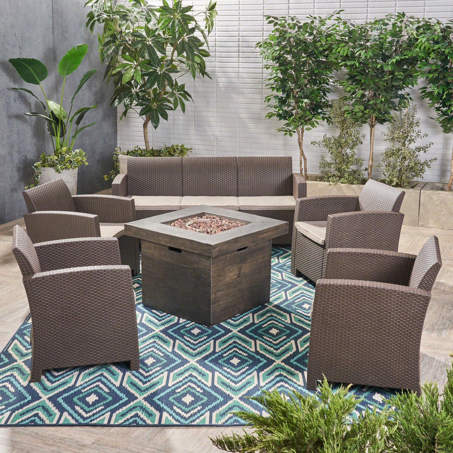 Peter Outdoor 7-Seater Chat Set with Fire Pit