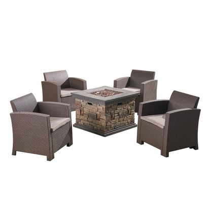 Casey Outdoor 4-Seater Wicker Print Club Chair Chat Set with Fire Pit