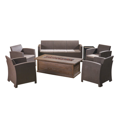 Melik Outdoor 7-Seater Wicker Print Chat Set with Fire Pit and Tank Holder