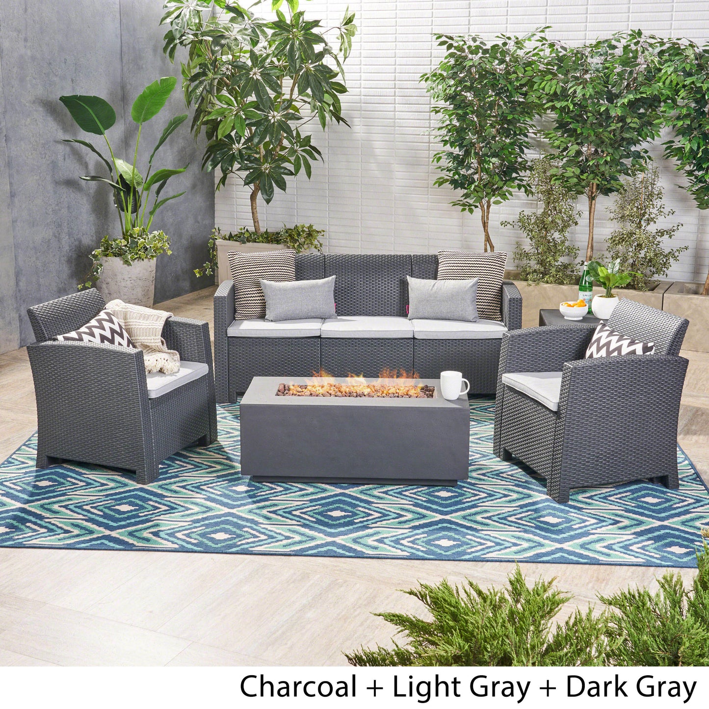 Clay Outdoor 5-Seater Wicker Print Chat Set with Fire Pit and Tank Holder
