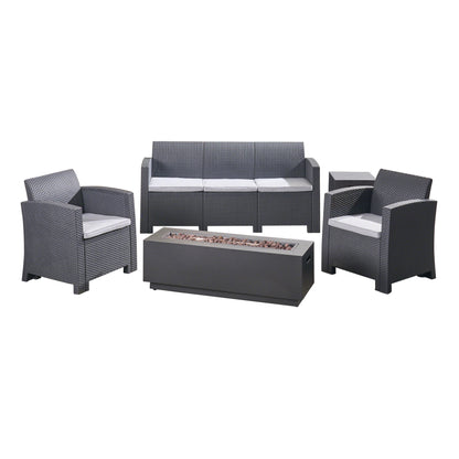 Dane Outdoor 5-Seater Wicker Print Chat Set with Fire Pit and Tank Holder, Charcoal with Light Gray and Dark Gray