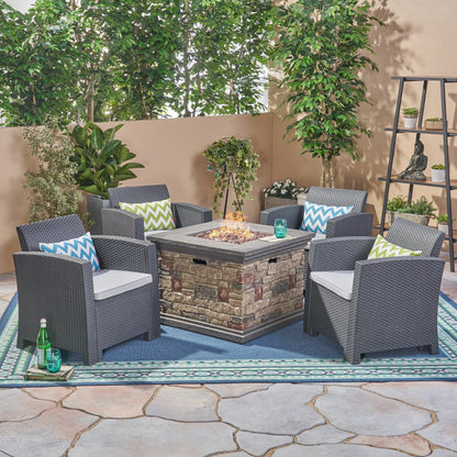 Casey Outdoor 4-Seater Wicker Print Club Chair Chat Set with Fire Pit
