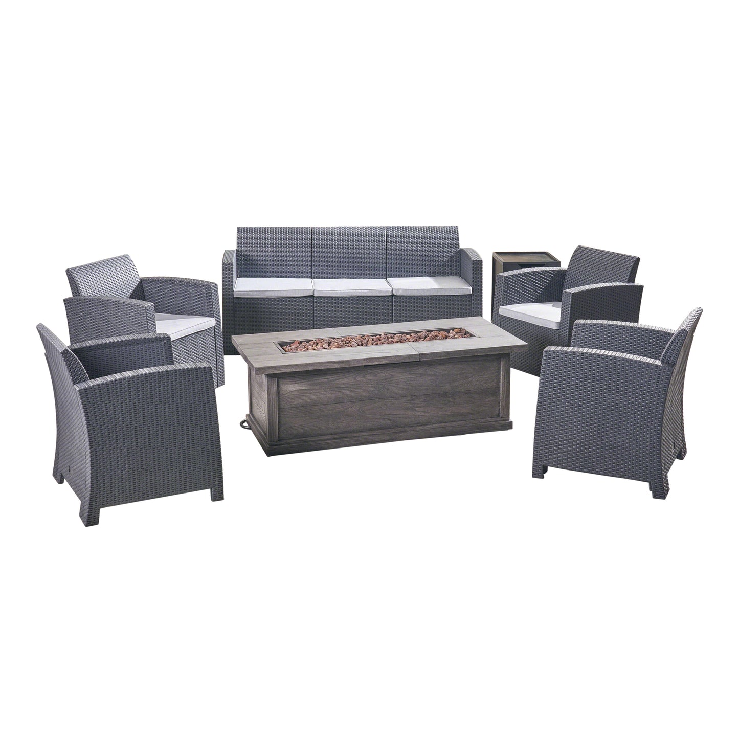 Melik Outdoor 7-Seater Wicker Print Chat Set with Fire Pit and Tank Holder