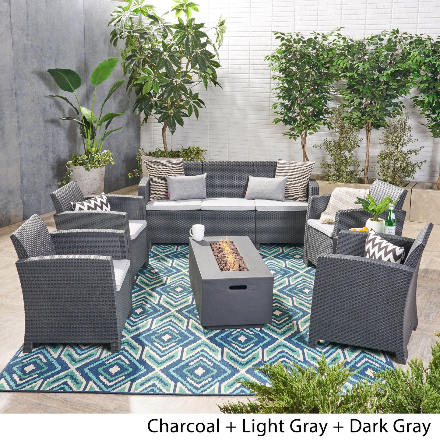 Clay Outdoor 7-Seater Wicker Print Chat Set with Fire Pit and Tank Holder