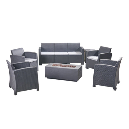 Clay Outdoor 7-Seater Wicker Print Chat Set with Fire Pit and Tank Holder