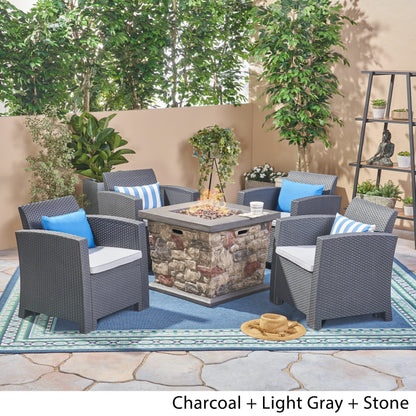 Maggie Outdoor 4-Seater Wicker Print Club Chair Chat Set With Fire Pit