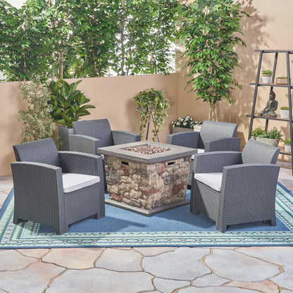 Maggie Outdoor 4-Seater Wicker Print Club Chair Chat Set With Fire Pit