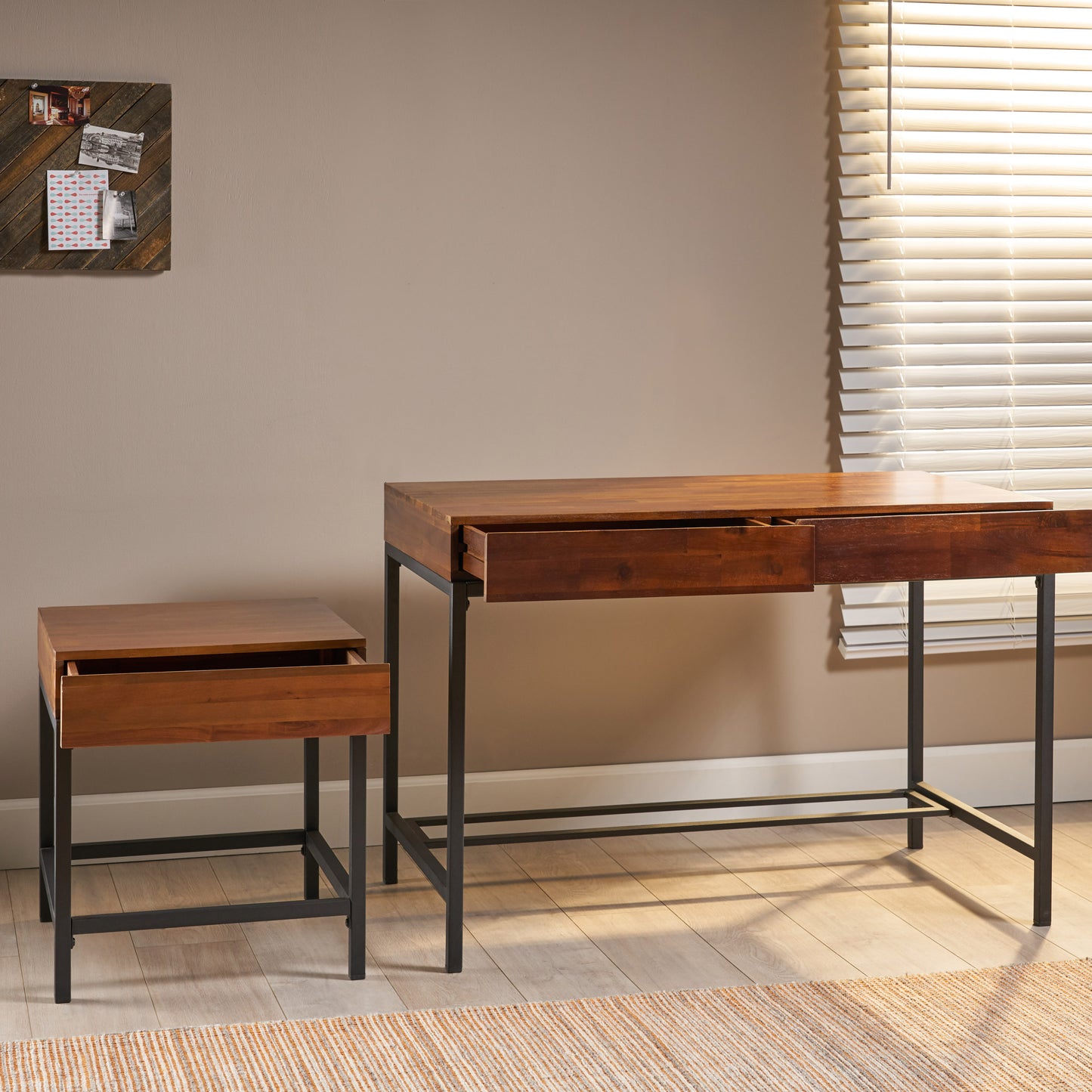 Elrod Industrial Dark Oak Acacia Wood Storage Side Table and Desk Set