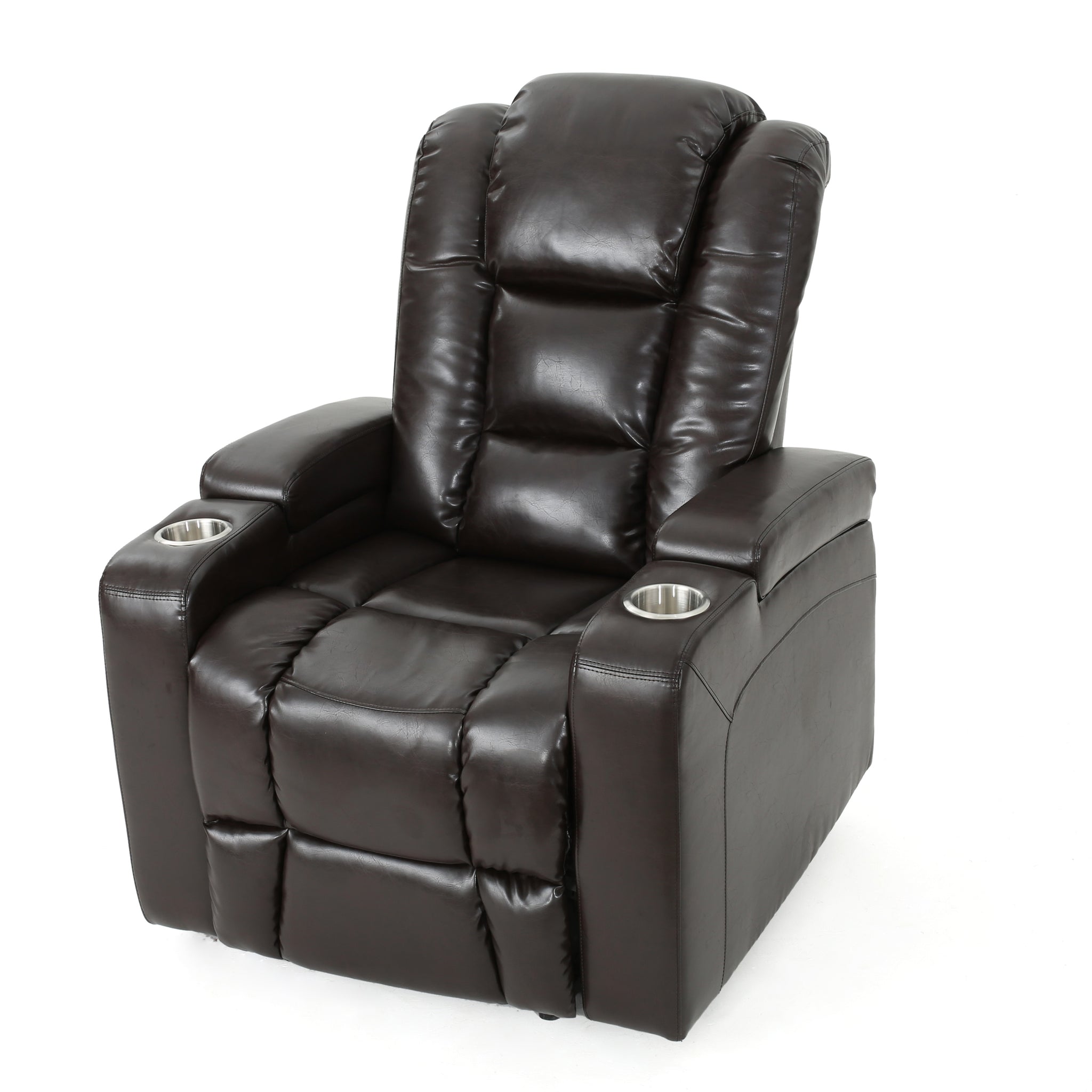 Everette Brown Leather Power Recliner With Storage, Cup Holder, and US