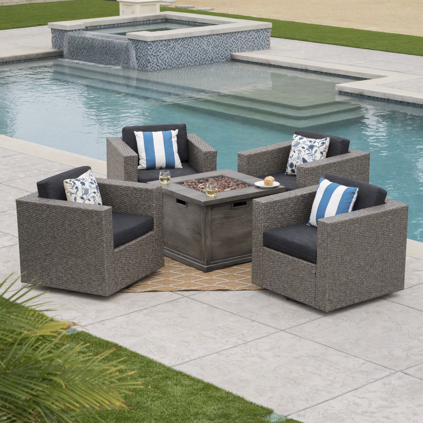 Hamilton Outdoor 5 Piece Wicker Swivel Club Chairs with Brown Gas Fire Pit
