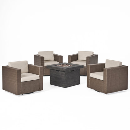 Venice Outdoor 5 Piece Chat Set with Brown Wicker Club Chairs and Fire Pit