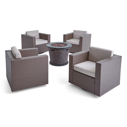 Liyam Outdoor 4 Piece Wicker Swivel Chair Set with Fire Pit, Brown and Brown