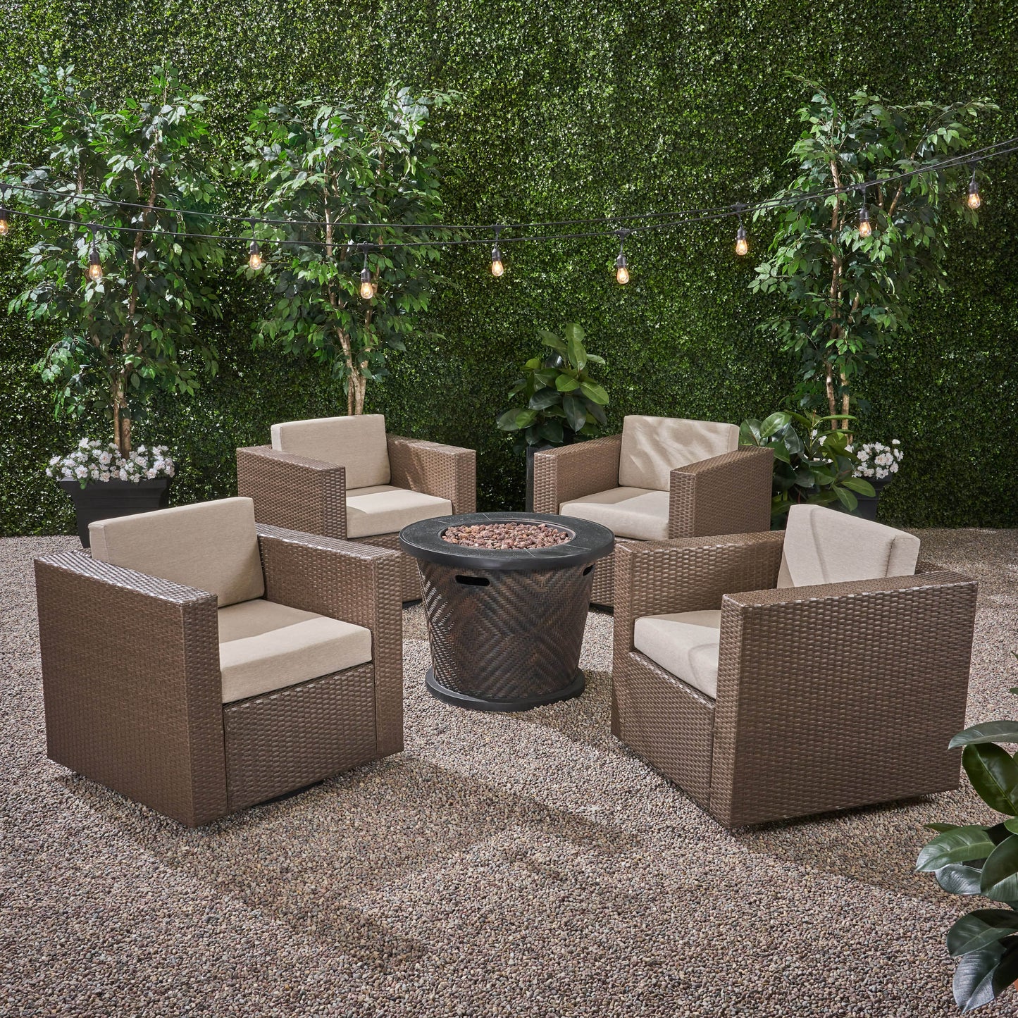 Liyam Outdoor 4 Piece Wicker Swivel Chair Set with Fire Pit, Brown and Brown