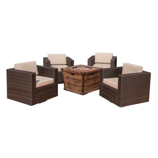 Pearson Outdoor 5 Piece Wicker Swivel Club Chair and Fire Pit Set, Dark Brown with Beige and Brown
