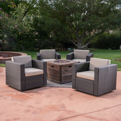 Pearson Outdoor 5 Piece Wicker Swivel Club Chair and Fire Pit Set, Dark Brown with Beige and Brown