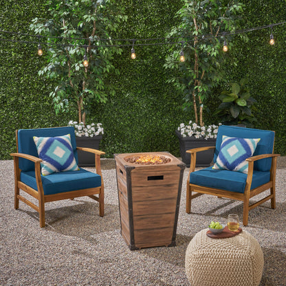 Capri Outdoor 2 Piece Acacia Wood Club Chair Set with Cushions and Fire Column