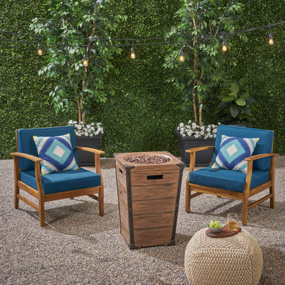Capri Outdoor 2 Piece Acacia Wood Club Chair Set with Cushions and Fire Column