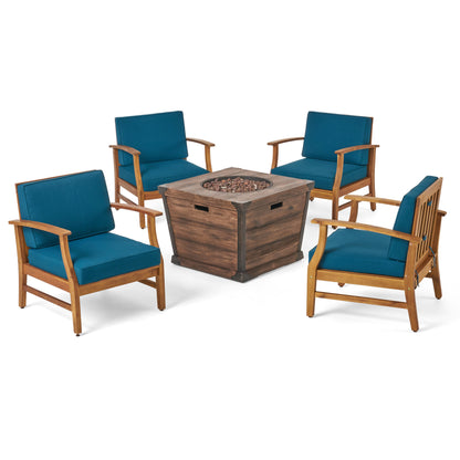 Belle Outdoor 4 Seat Fire Pit Chat Set with Teak Finished Acacia Wood Club Chairs