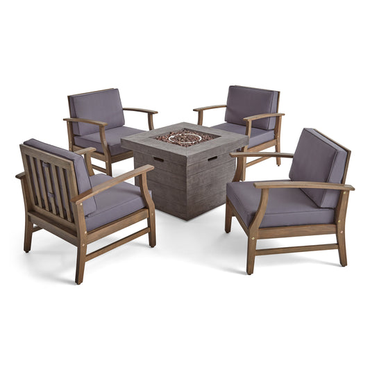 Easter Outdoor 5 Piece Acacia Wood Club Chair and Fire Pit Set, Gray Finish and Gray