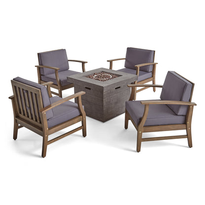 Lilith Outdoor 5 Piece Acacia Wood Club Chair and Fire Pit Set, Gray Finish and Gray