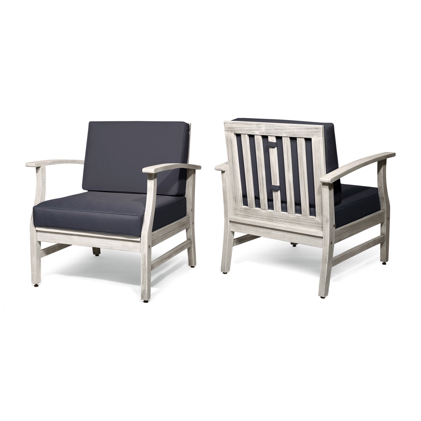 Fanny Outdoor Acacia Wood Club Chairs with Cushions (Set of 2), Light Gray and Dark Gray