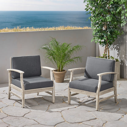Fanny Outdoor Acacia Wood Club Chairs with Cushions (Set of 2), Light Gray and Dark Gray