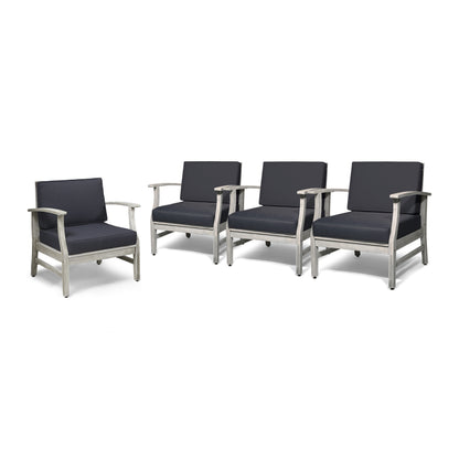 Fanny Outdoor Acacia Wood Club Chairs with Cushions (Set of 4), Light Gray and Dark Gray