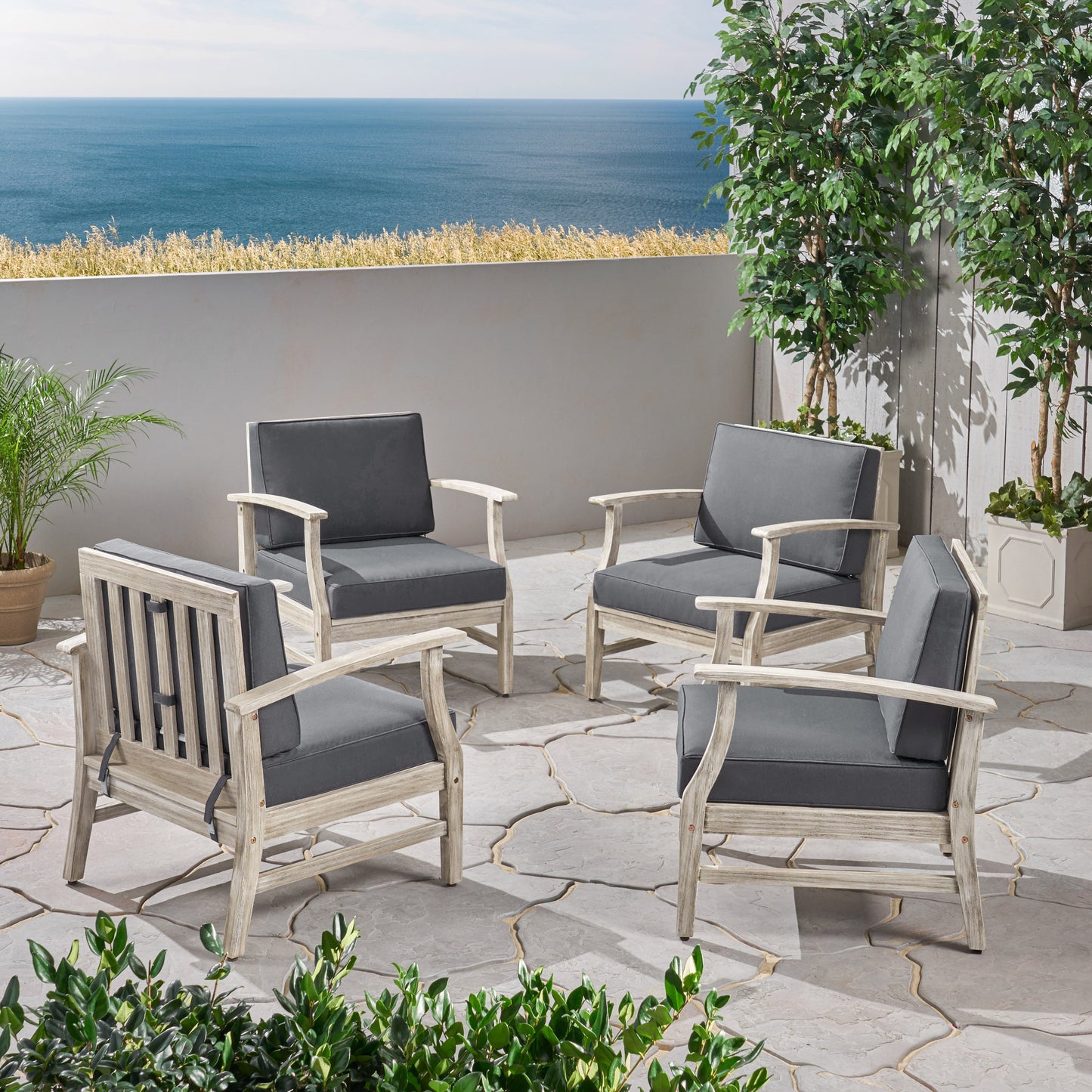 Fanny Outdoor Acacia Wood Club Chairs with Cushions (Set of 4), Light Gray and Dark Gray