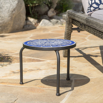 Soleil Outdoor Blue & White Ceramic Tile Iron Frame Side Table