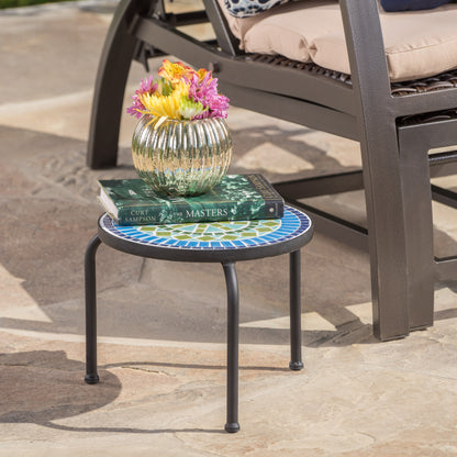 Isildur Outdoor Blue & Green Ceramic Tile Iron Frame Side Table